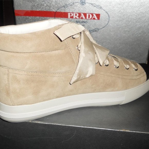 PRADA Beige Suede Ribbon High Top Metallic Cap Toe Lace Up Sneakers Shoes - Picture 5 of 14